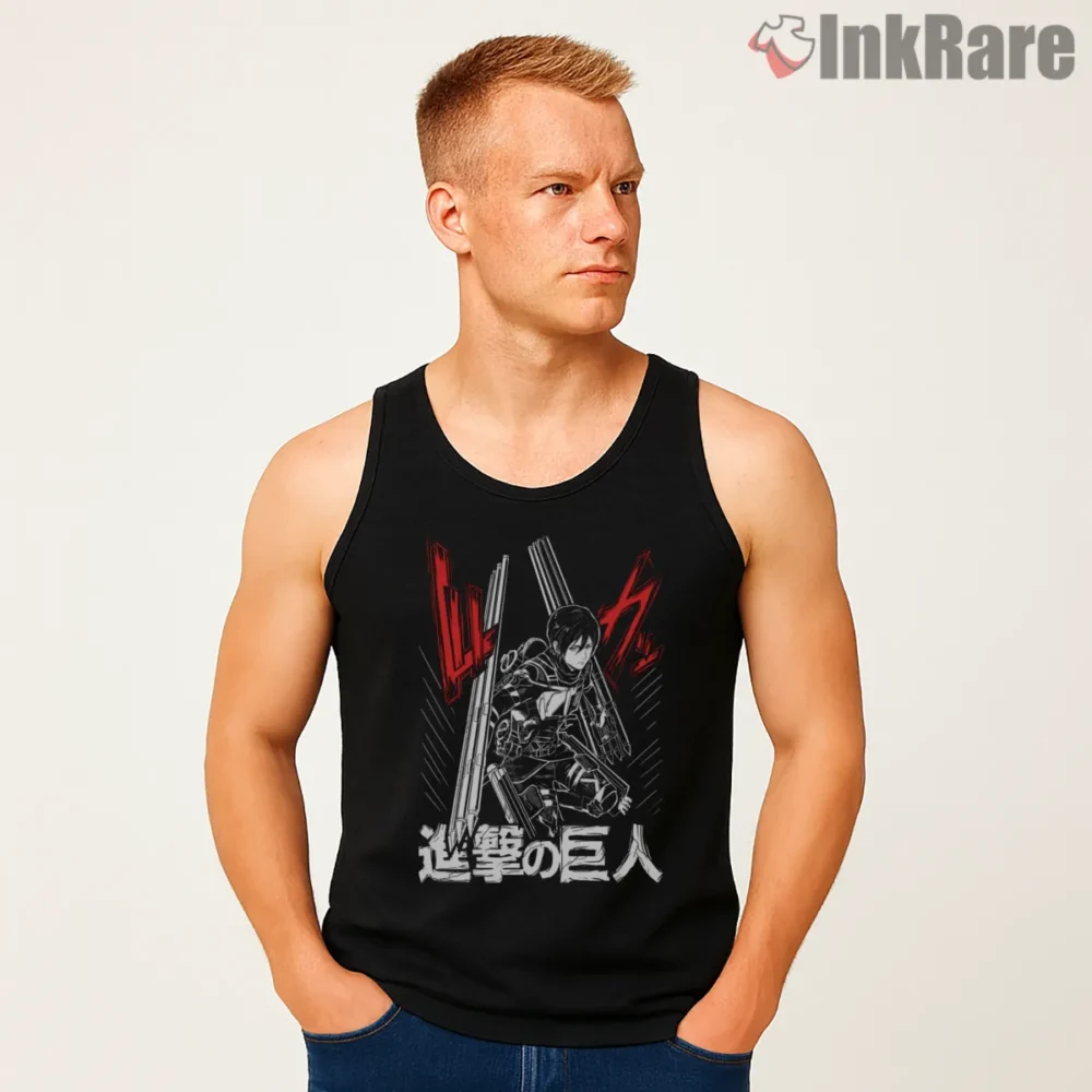 Mikasa Ackerman Monochrome Strike Poster Shirt on black tank top for men graphic tee