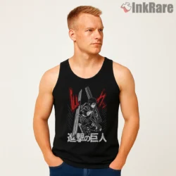 Mikasa Ackerman Monochrome Strike Poster Shirt on black tank top for men graphic tee
