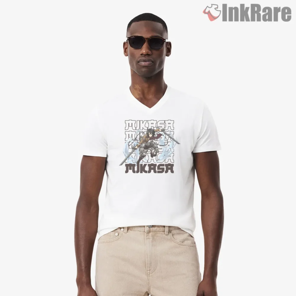 Mikasa Ackerman Name Repeat Graphic Shirt on white v-neck shirt for men graphic tee