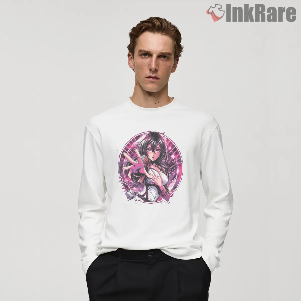 Mikasa Ackerman Neon Aura Anime Shirt on white long sleeve shirt for men graphic tee