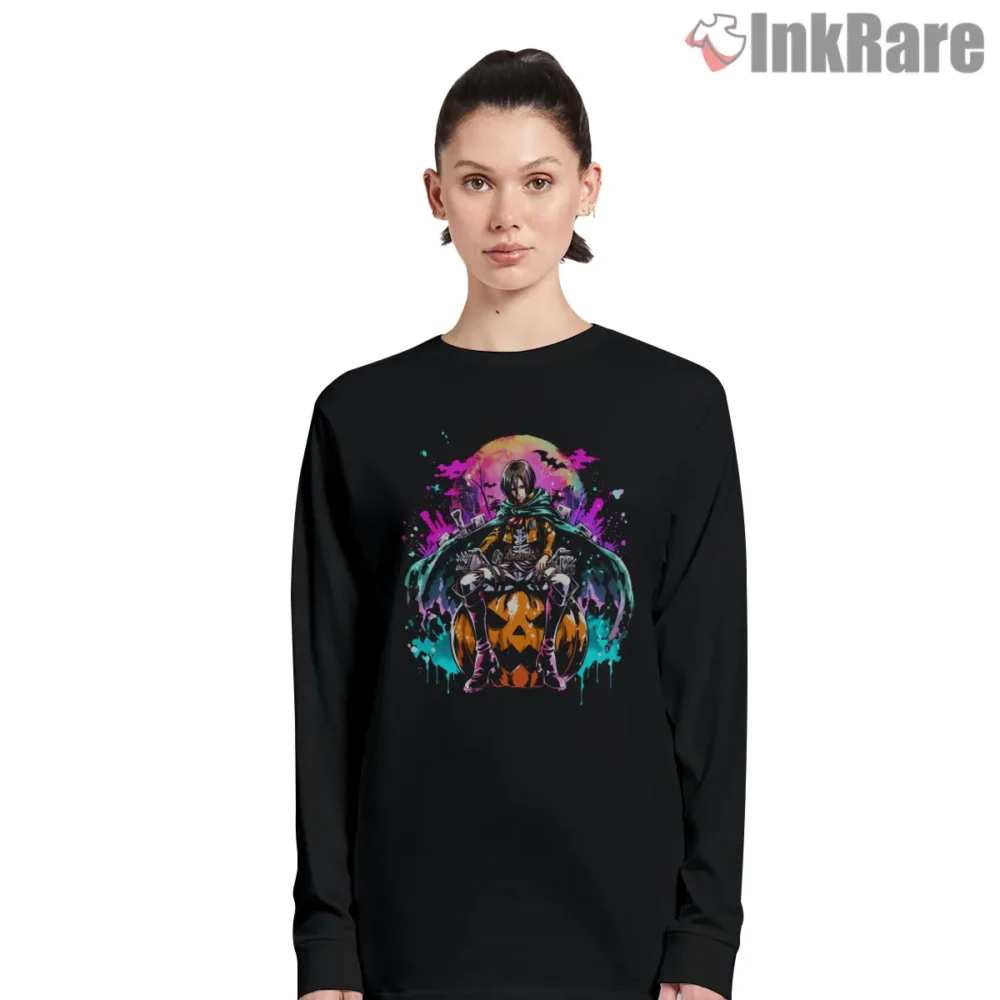 Mikasa Ackerman Neon Halloween Pumpkin Shirt on black long sleeve shirt for women graphic tee