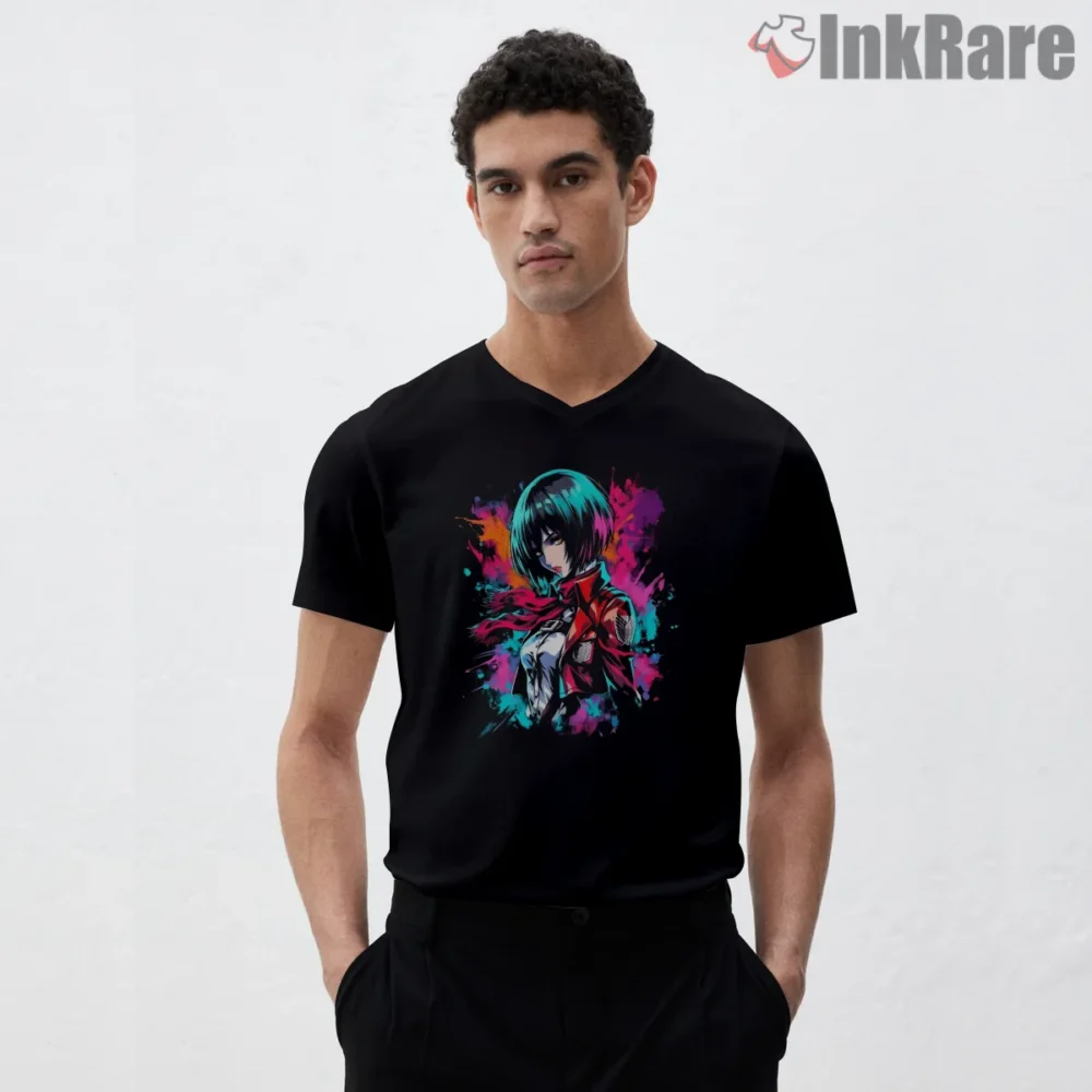 Mikasa Ackerman Neon Splash Portrait Shirt on black v-neck shirt for men graphic tee