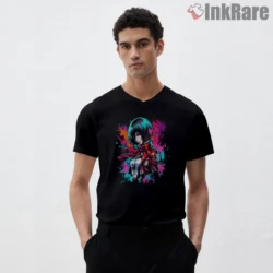 Mikasa Ackerman Neon Splash Portrait Shirt on black v-neck shirt for men graphic tee