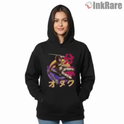 Mikasa Ackerman Otaku Sunset Flight Shirt on black hoodie for women graphic tee