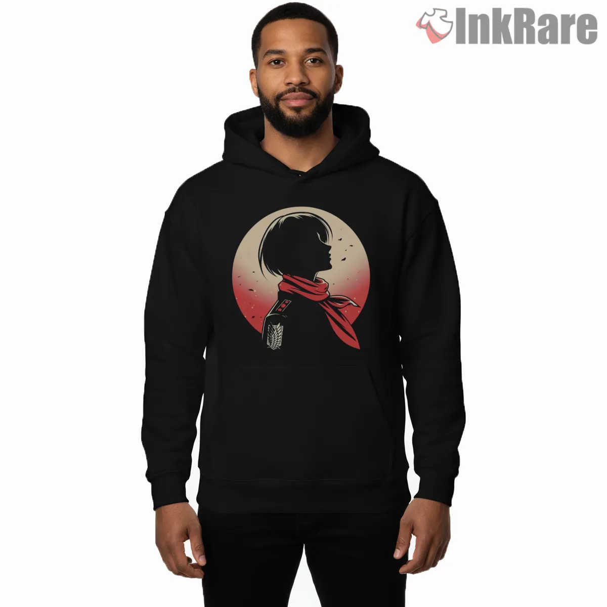 Mikasa Ackerman Red Moon Silhouette Shirt on black hoodie for men graphic tee