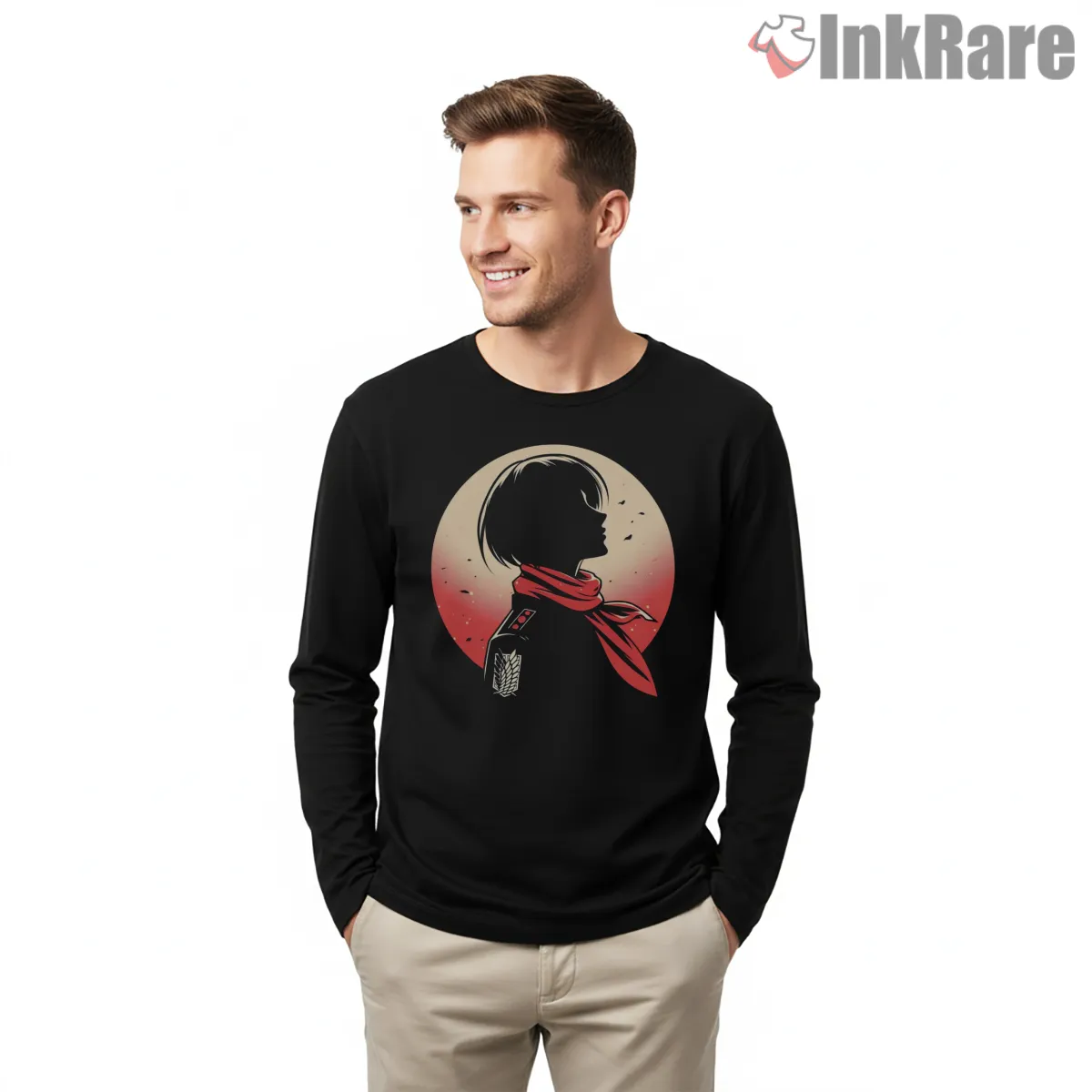 Mikasa Ackerman Red Moon Silhouette Long Sleeve Black Mikasa Ackerman Red Moon Silhouette Shirt on black long sleeve shirt for men graphic tee