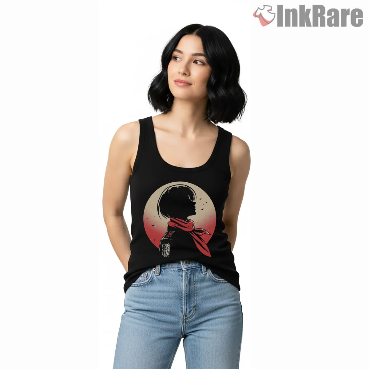 Mikasa Ackerman Red Moon Silhouette Tank Top Black Mikasa Ackerman Red Moon Silhouette Shirt on black tank top for women graphic tee
