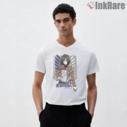 Mikasa Ackerman Survey Corps Blade Ready Shirt on white v-neck shirt for men graphic tee