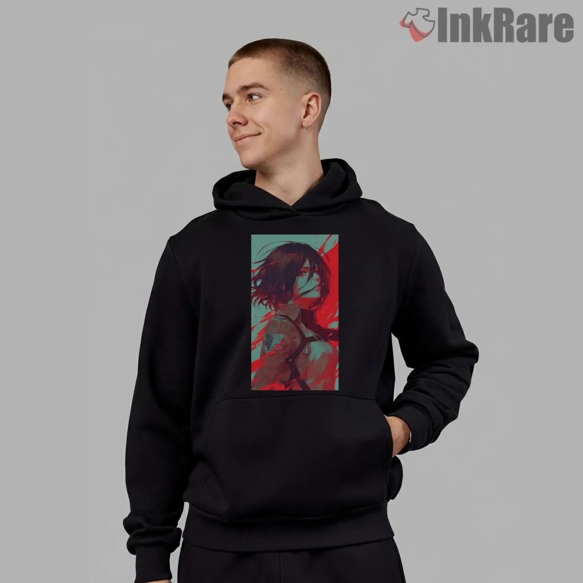 Mikasa Ackerman Teal And Scarlet Portrait Shirt on black hoodie for men graphic tee