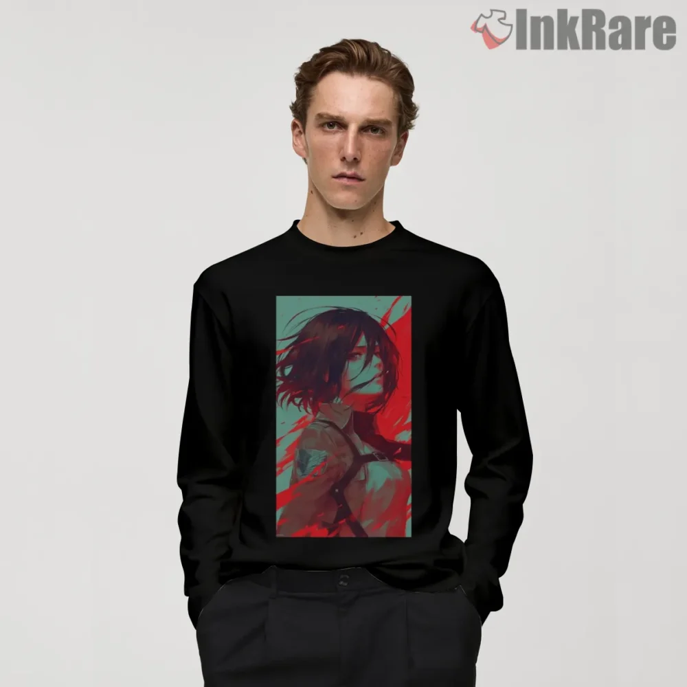 Mikasa Ackerman Teal And Scarlet Portrait Shirt on black long sleeve shirt for men graphic tee