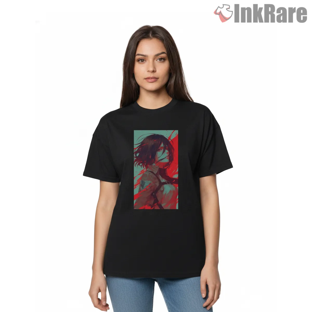 Mikasa Ackerman Teal And Scarlet Portrait Short Sleeve Black Mikasa Ackerman Teal And Scarlet Portrait Shirt on black short sleeve shirt for women graphic tee