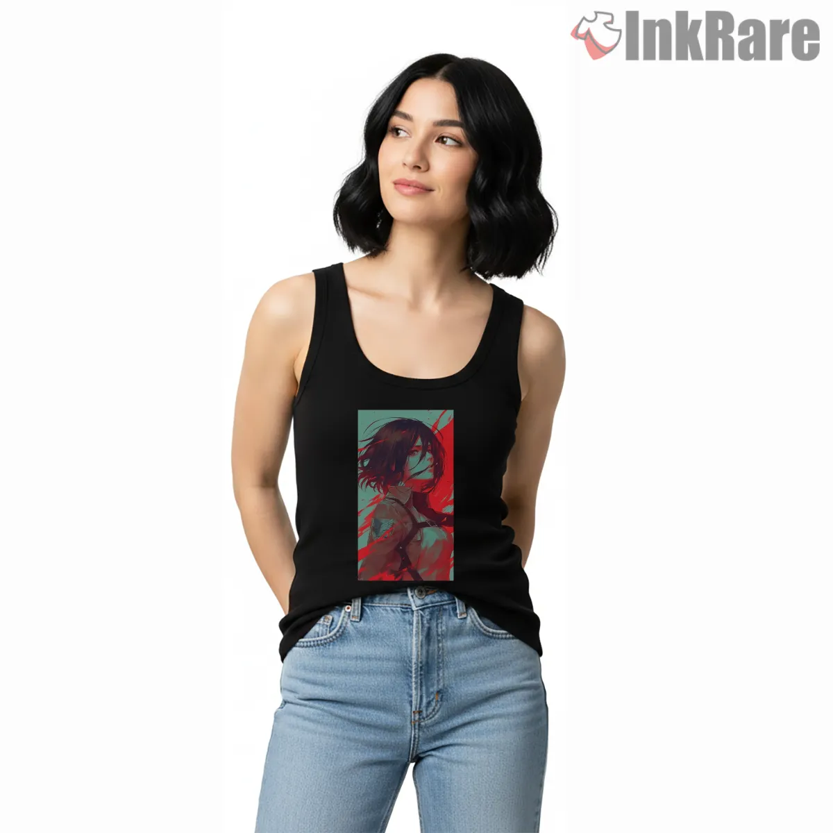 Mikasa Ackerman Teal And Scarlet Portrait Tank Top Black Mikasa Ackerman Teal And Scarlet Portrait Shirt on black tank top for women graphic tee