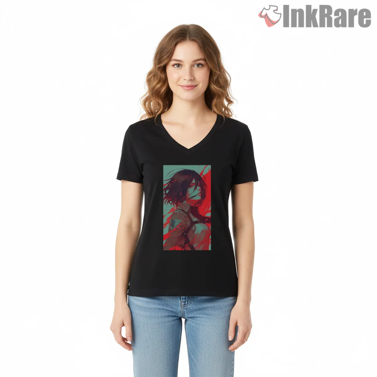 Mikasa Ackerman Teal And Scarlet Portrait V Neck Black Mikasa Ackerman Teal And Scarlet Portrait Shirt on black v-neck shirt for women graphic tee