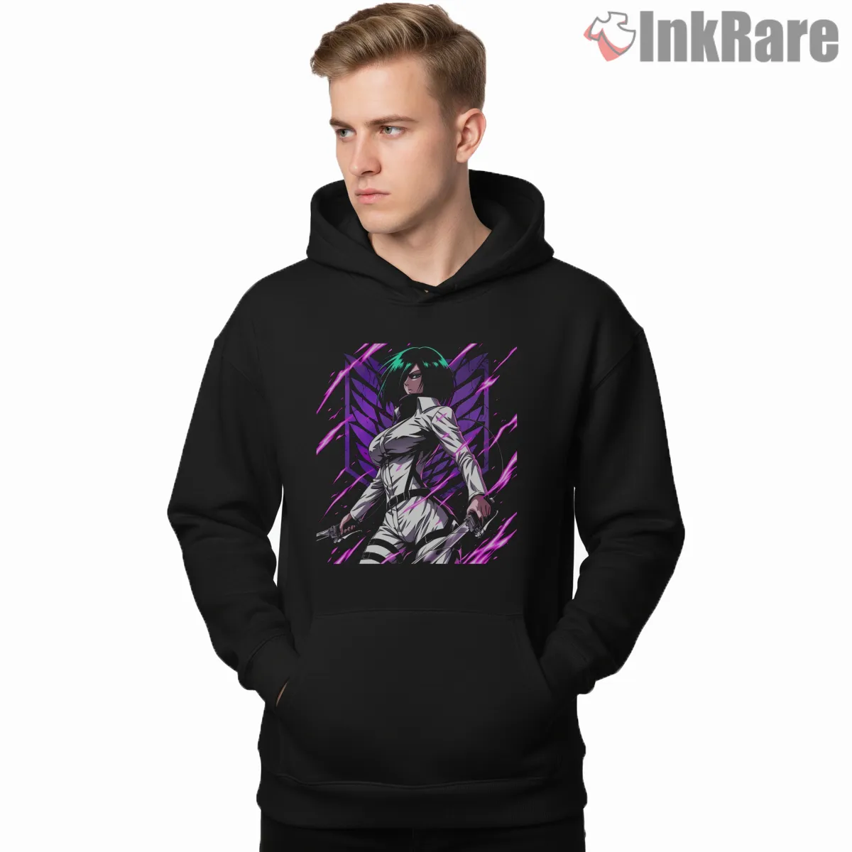Mikasa Ackerman White Strike Suit Shirt on black hoodie for men graphic tee
