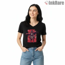Mikasa Crimson Cloak Stance Shirt on black v-neck shirt for women graphic tee