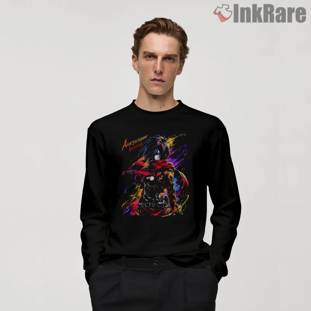 Mikasa Electric Storm Anime Attack On Titan Shirt on black long sleeve shirt for men graphic tee