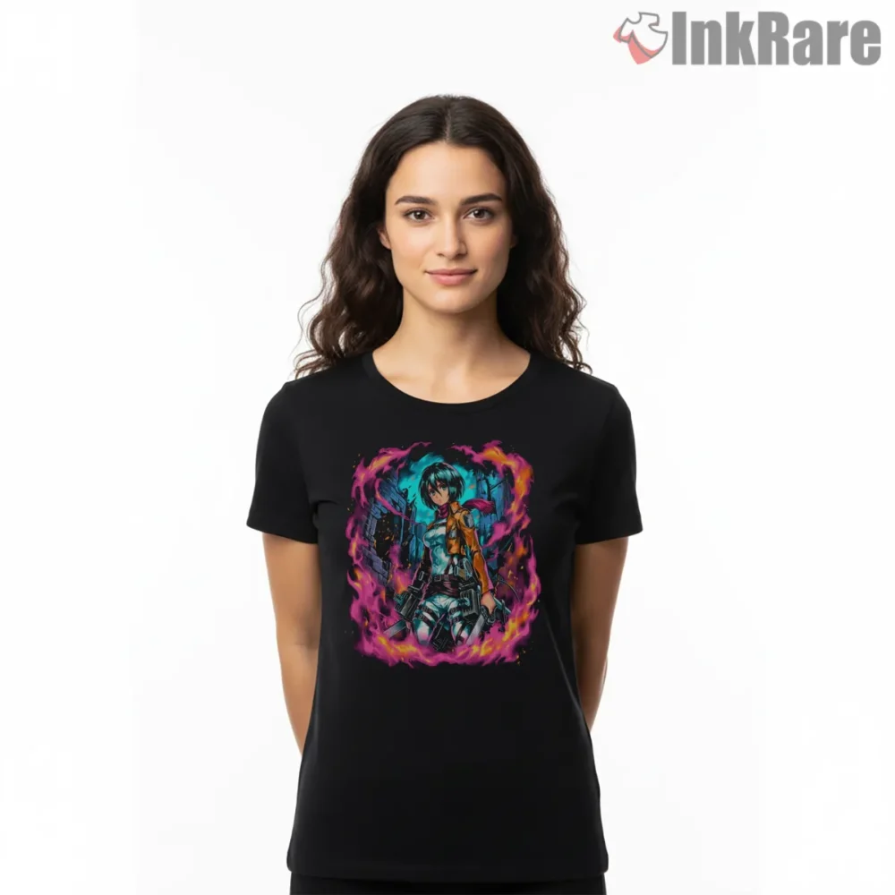 Mikasa Neon Flame City Patrol Shirt on black short sleeve shirt for women graphic tee