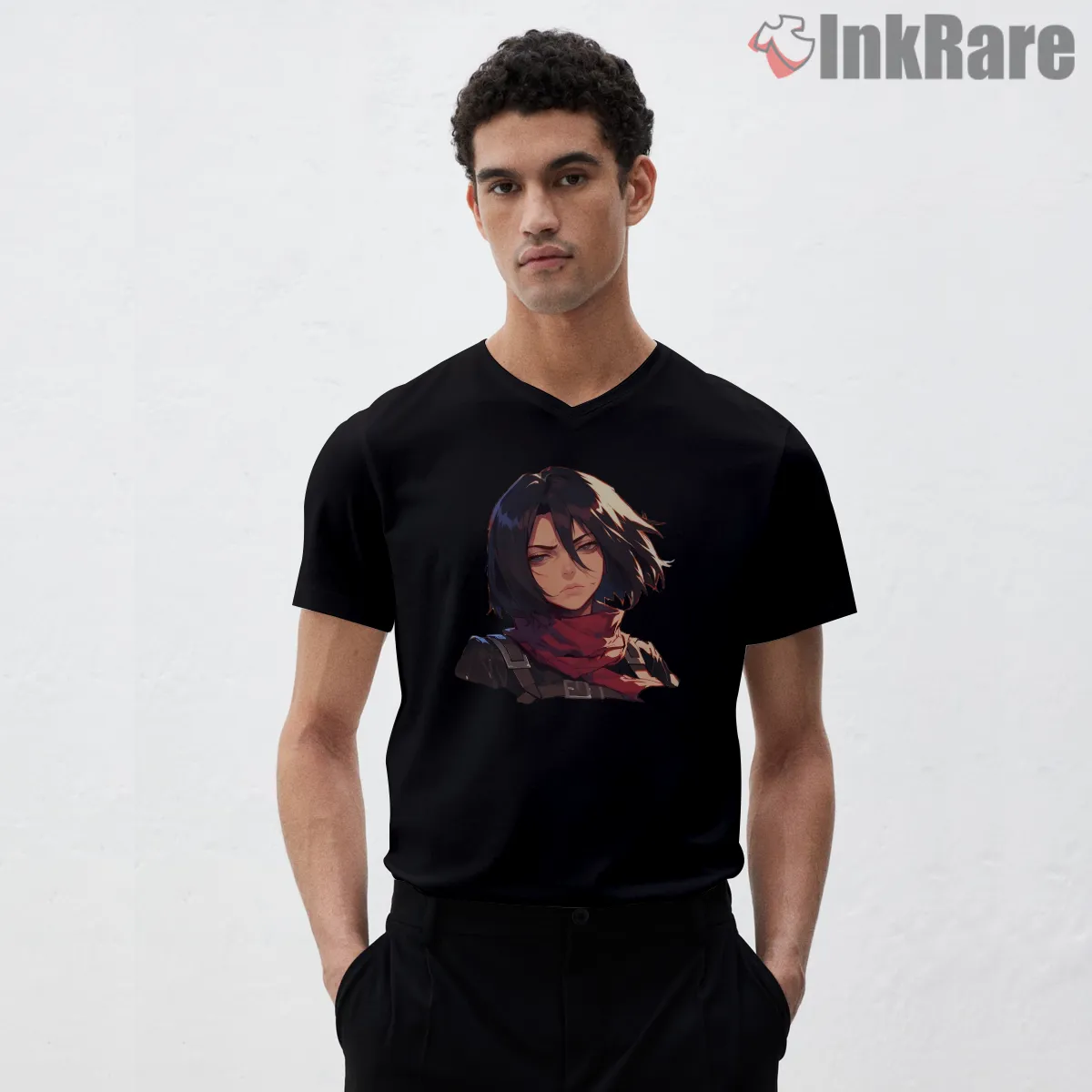 Mikasa Red Scarf Portrait Shirt on black v-neck shirt for men graphic tee