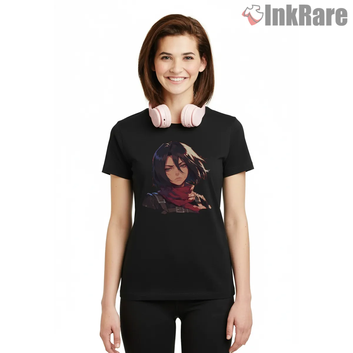 Mikasa Red Scarf Portrait Short Sleeve Black Mikasa Red Scarf Portrait Shirt on black short sleeve shirt for women graphic tee