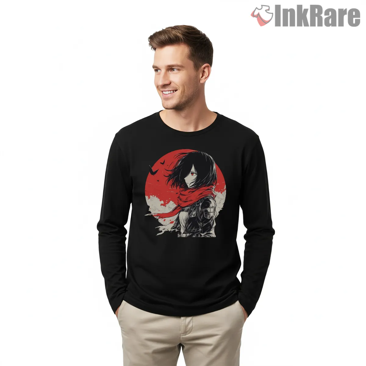 Mikasa Red Sky Scarf Silhouette Long Sleeve Black Mikasa Red Sky Scarf Silhouette Shirt on black long sleeve shirt for men graphic tee