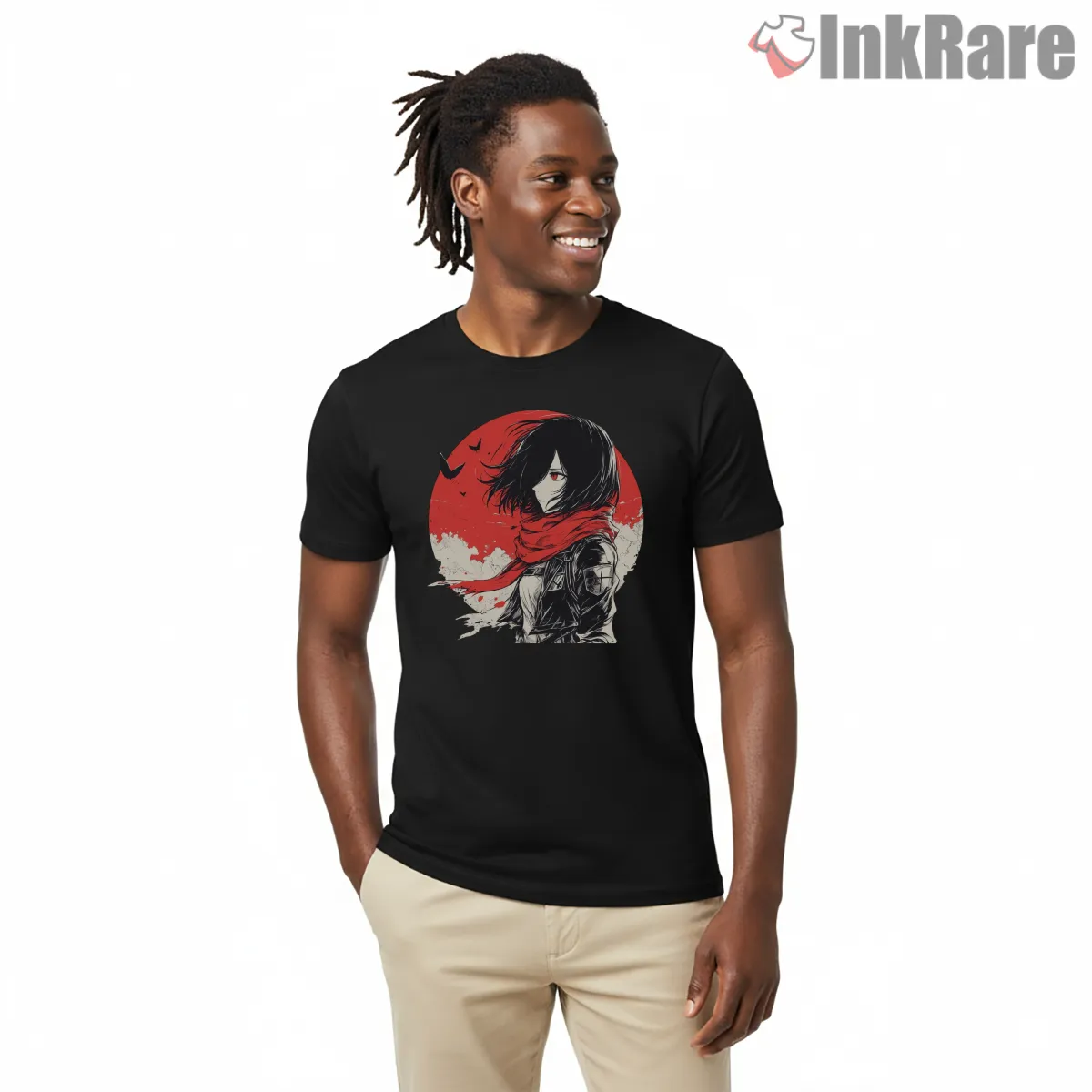 Mikasa Red Sky Scarf Silhouette Shirt on black short sleeve shirt for men graphic tee
