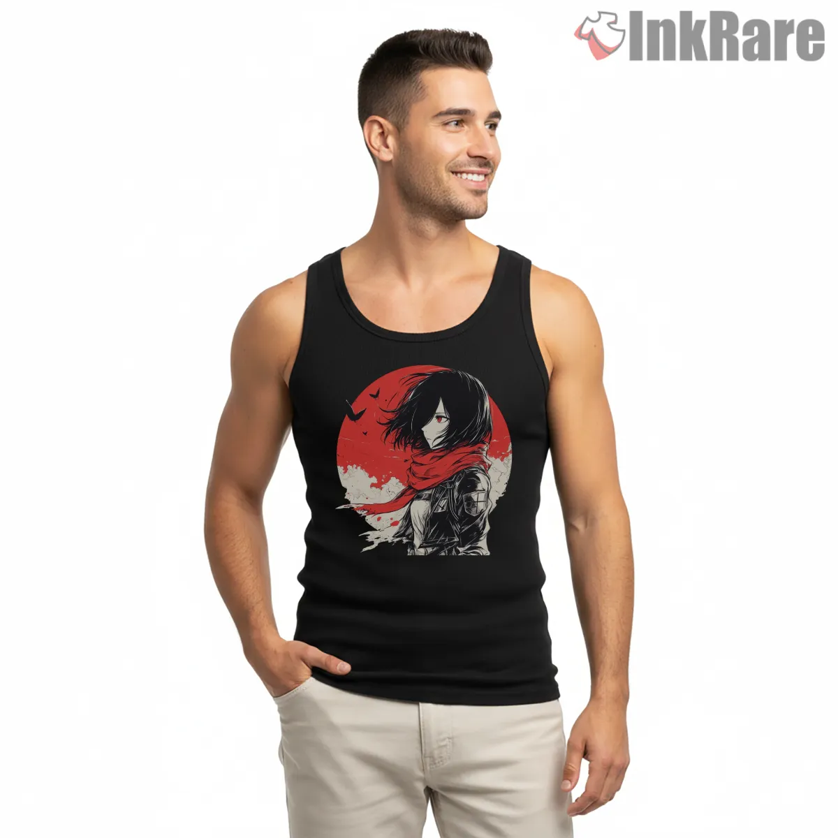 Mikasa Red Sky Scarf Silhouette Tank Top Black Mikasa Red Sky Scarf Silhouette Shirt on black tank top for men graphic tee