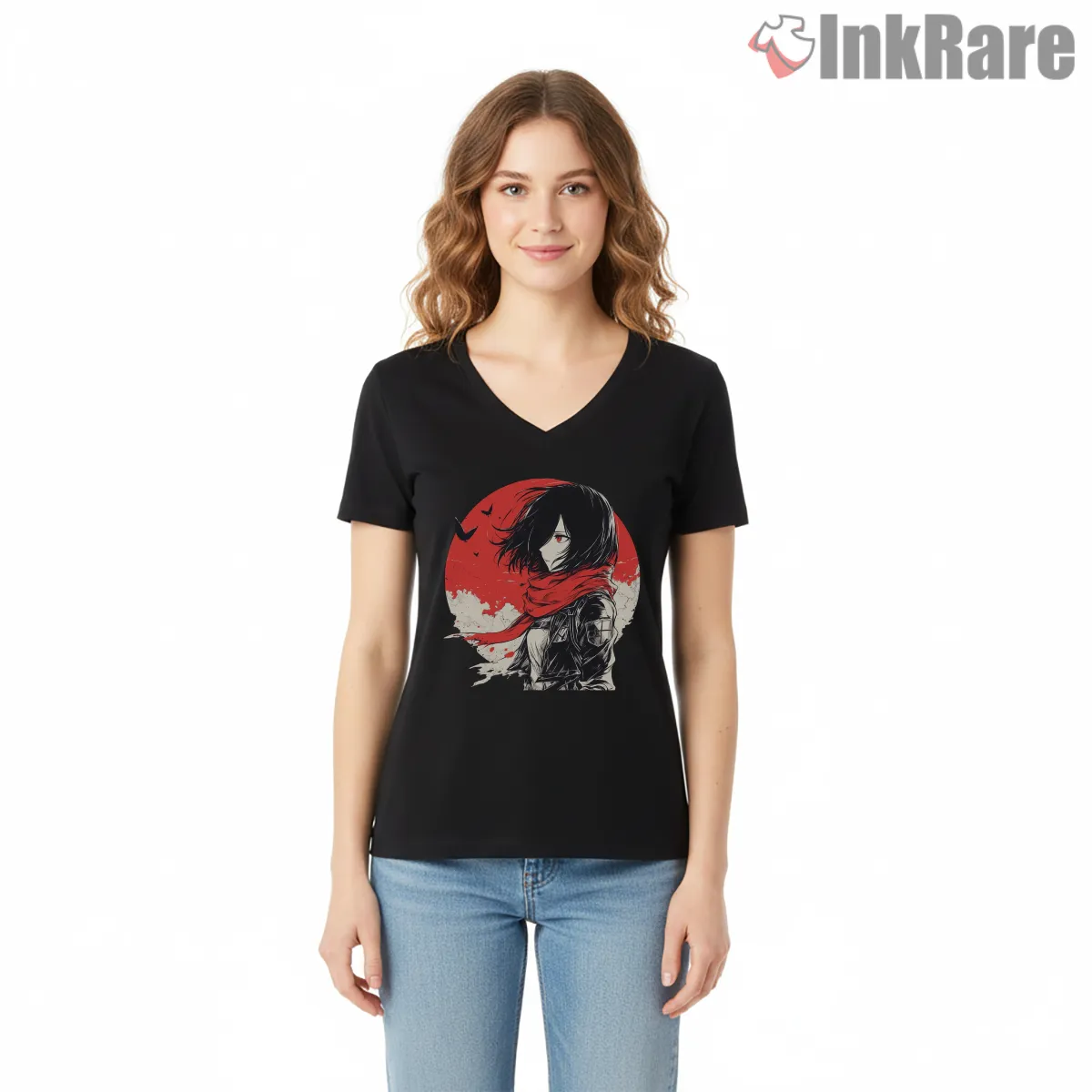 Mikasa Red Sky Scarf Silhouette V Neck Black Mikasa Red Sky Scarf Silhouette Shirt on black v-neck shirt for women graphic tee