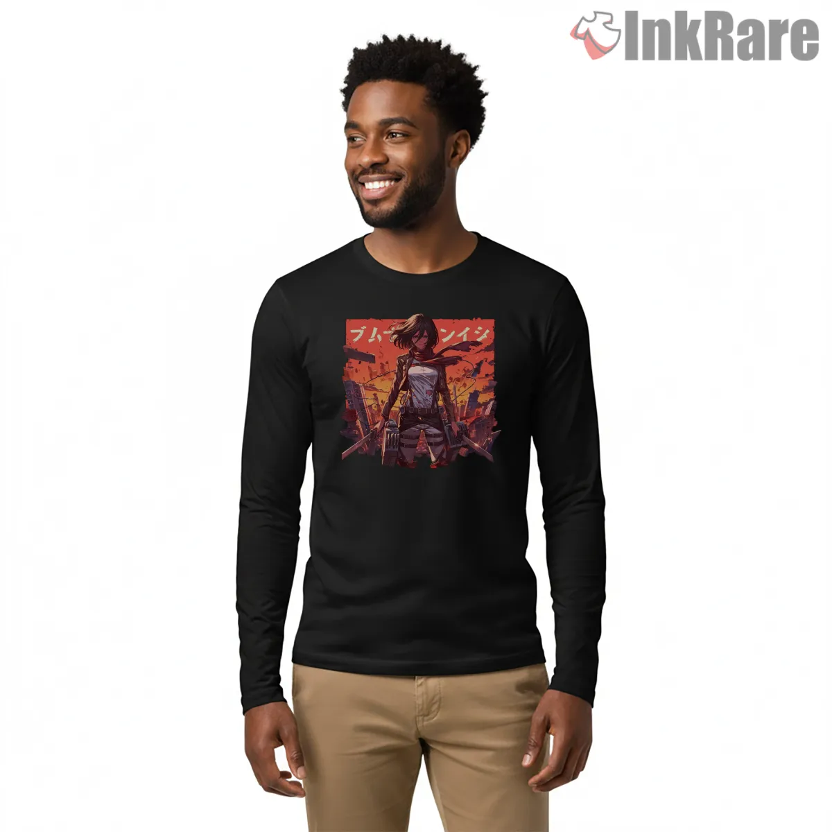 Mikasa Sunset City Ruins Warrior Shirt on black long sleeve shirt for men graphic tee
