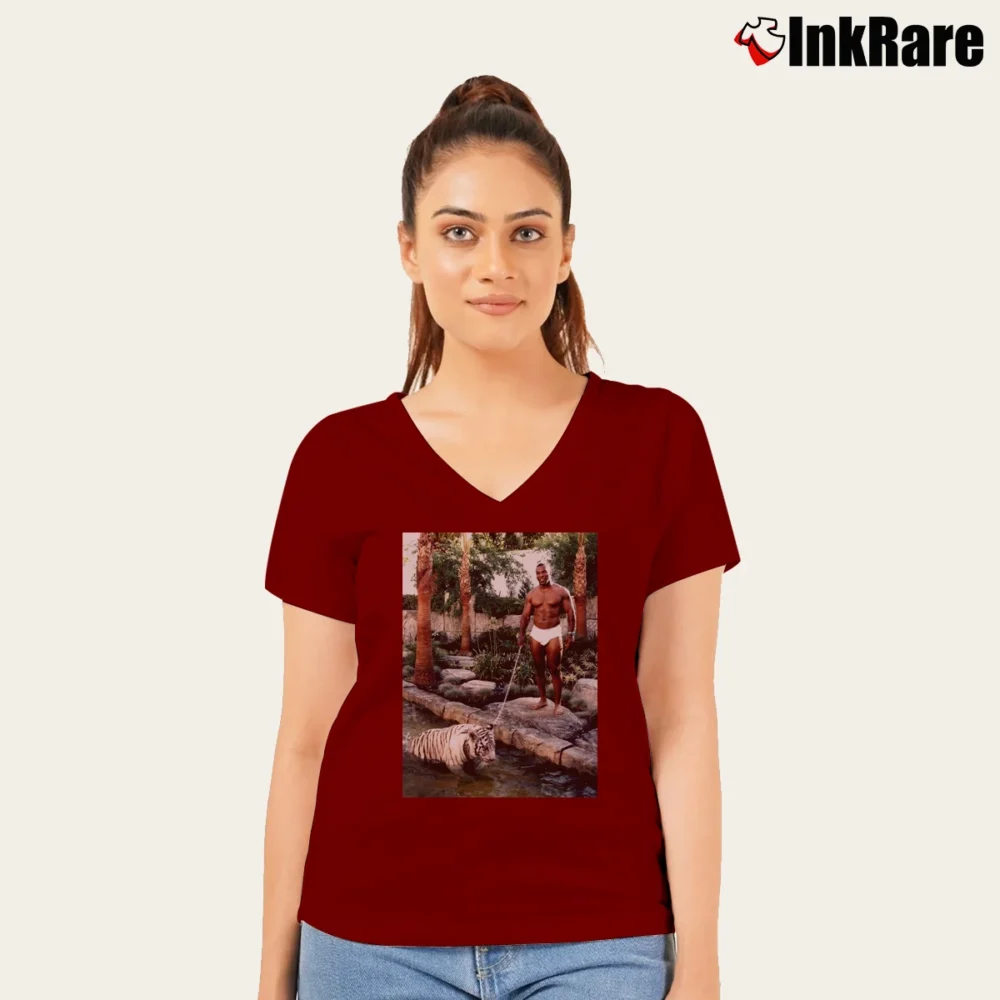 Women’s Mike Tyson With His Tiger Graphic V-Neck Tee in maroon | Chic Neckline, Soft Texture