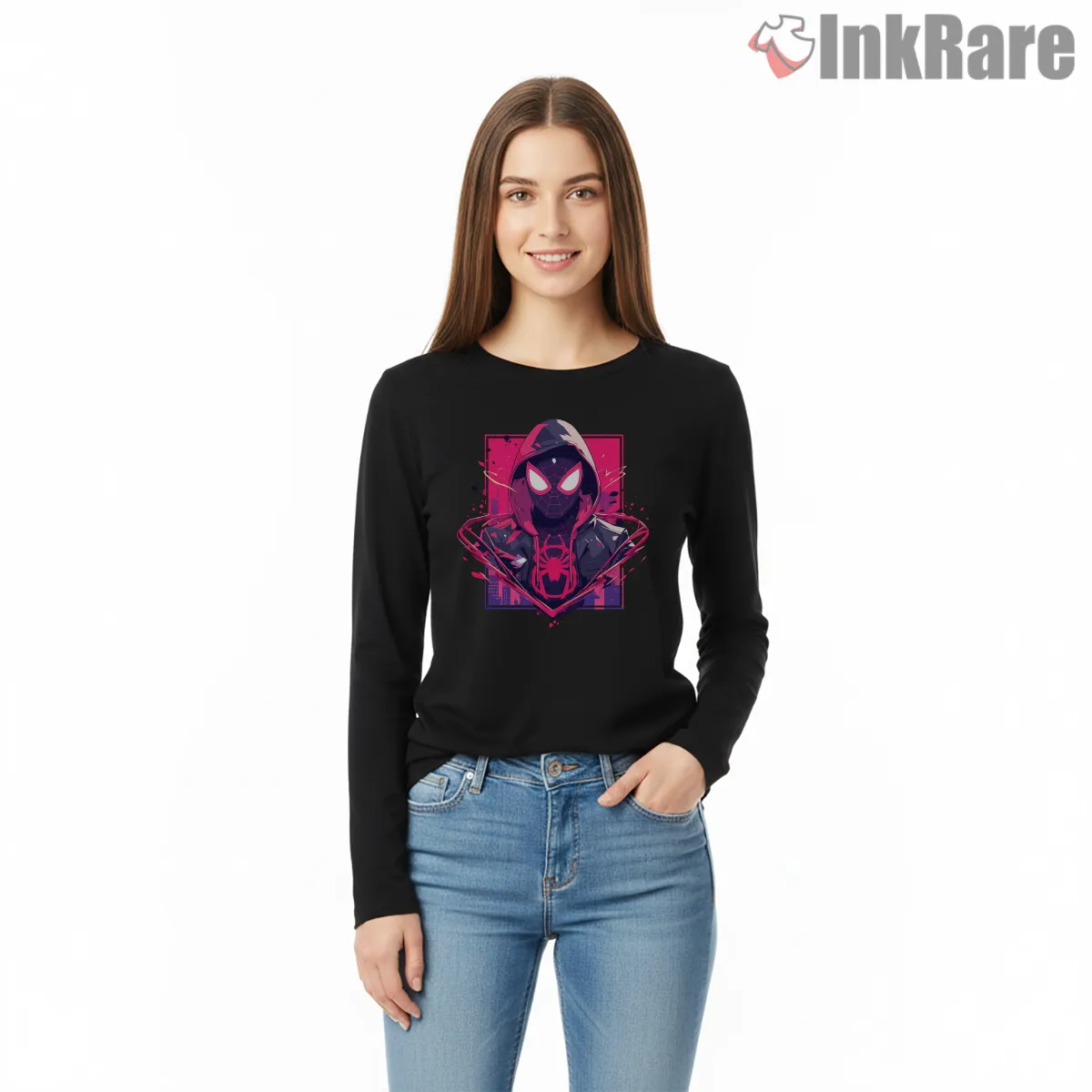 Miles Morales Neon Hoodie Icon Graphic Shirt on black long sleeve shirt for women graphic tee