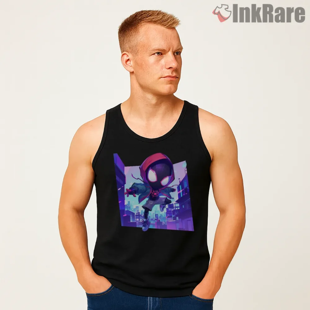 Miles Morales Neon Jump Cityscape Night Shirt on black tank top for men graphic tee
