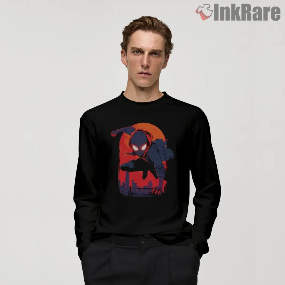 Miles Morales Rooftop Leap Red Moon City Shirt on black long sleeve shirt for men graphic tee