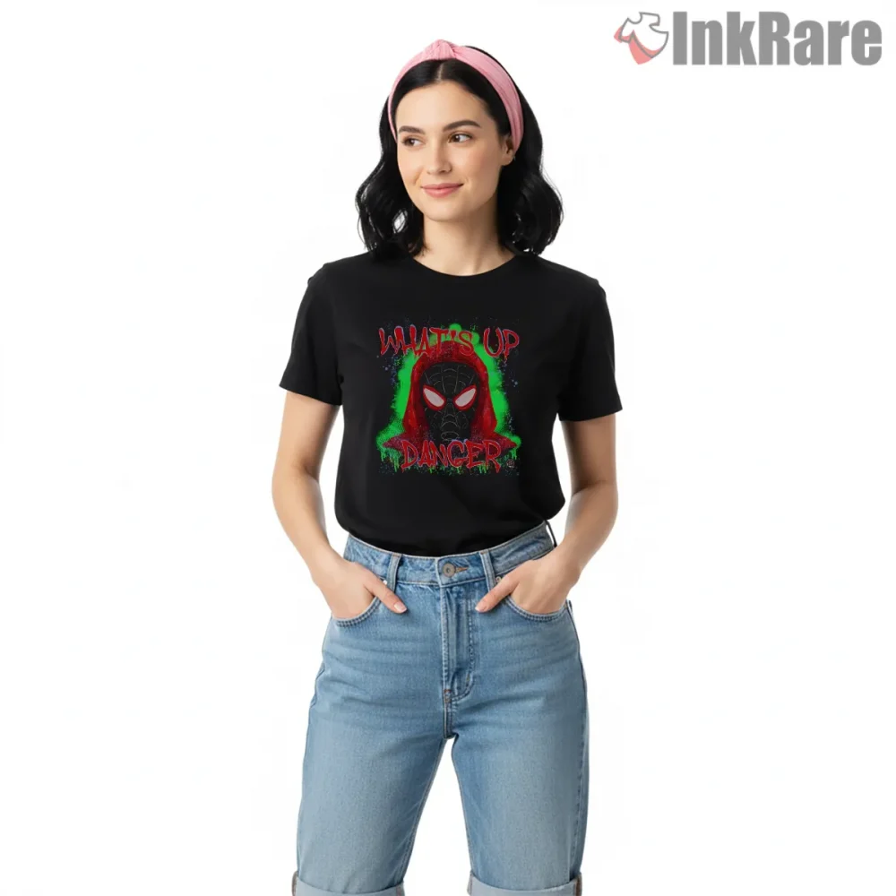 Miles Morales Whats Up Danger Neon Graffiti Shirt on black short sleeve shirt for women graphic tee