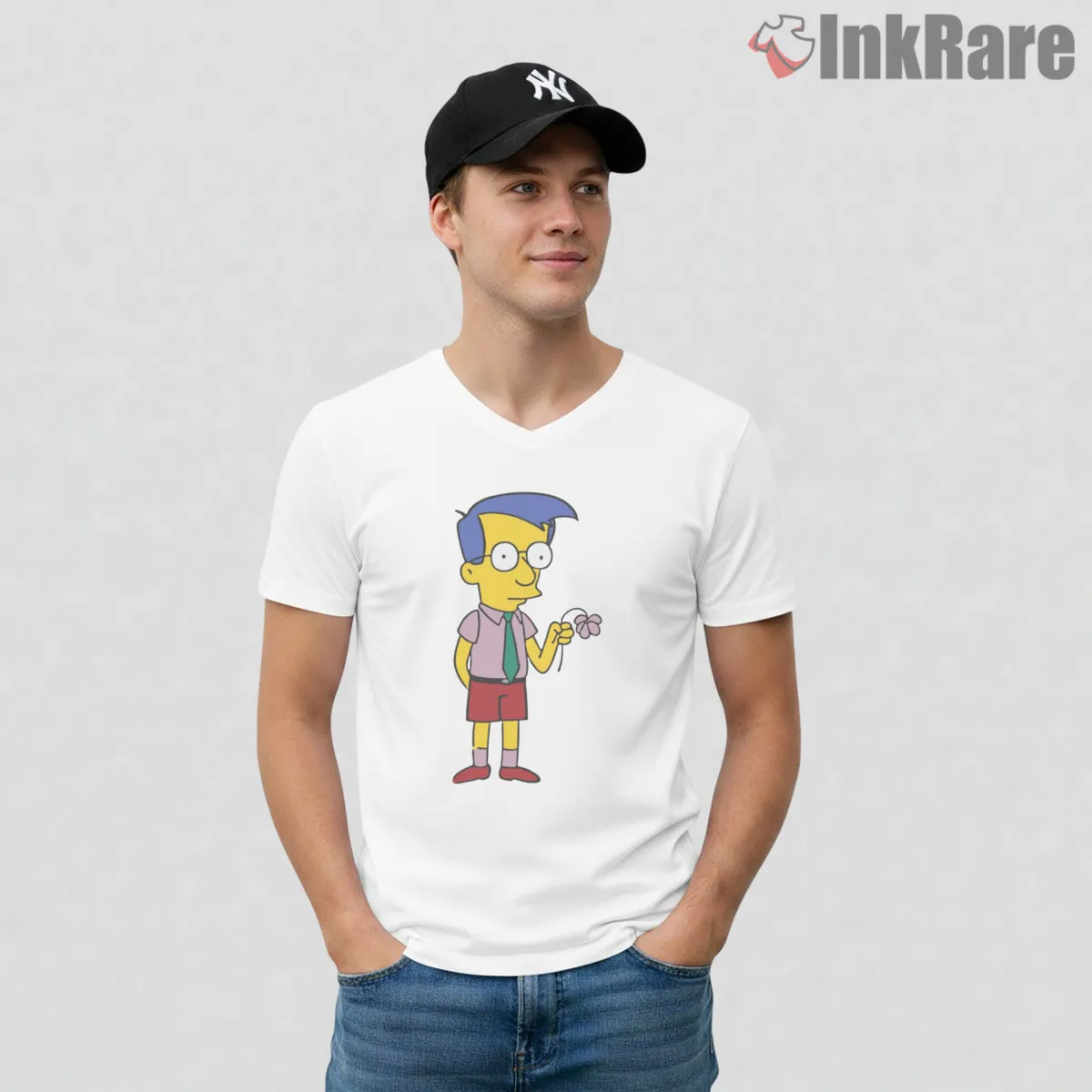 Milhouse The Dud Simple Character Cartoon V Neck White Milhouse The Dud Simple Character Cartoon Shirt on white v-neck shirt for men graphic tee