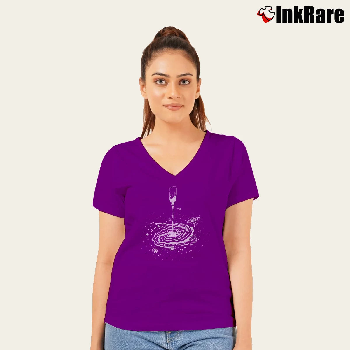 Women’s Milky Way Galaxy Space Universe V-Neck Tee in purple | Chic Neckline, Soft Texture