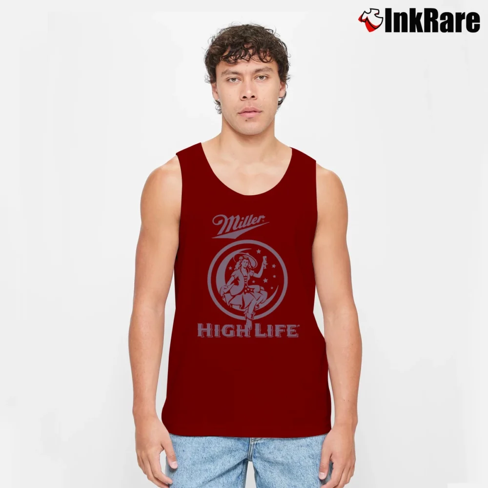 Men’s Miller High Life Beer Graphic Tank Top in maroon | Breathable, Active-Friendly Design