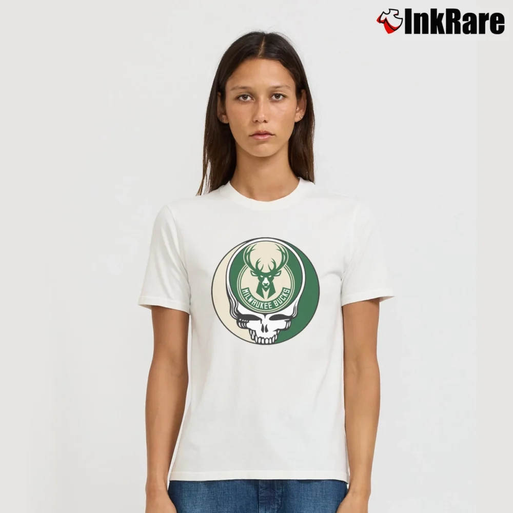 Women’s Milwaukee Bucks Basketball Grateful Dead Steal Your Face Signature T-Shirt in white | Soft, Flattering Fit