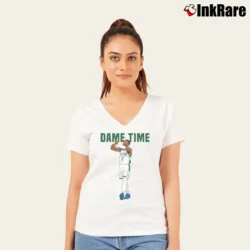 Women’s Milwaukee Bucks Damian Lillard Dame Time V-Neck Tee in white | Chic Neckline, Soft Texture