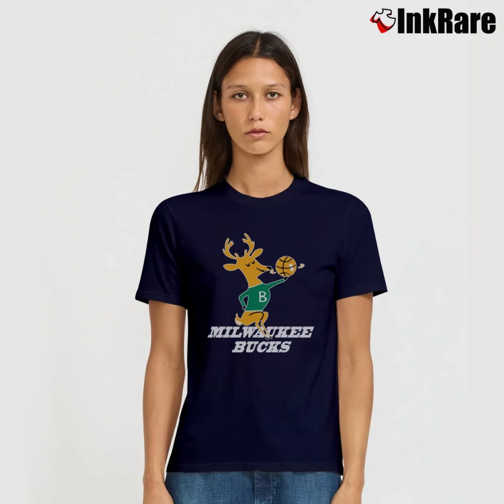 Women’s Milwaukee Bucks Retro Throwback Logo Signature T-Shirt in navy | Soft, Flattering Fit