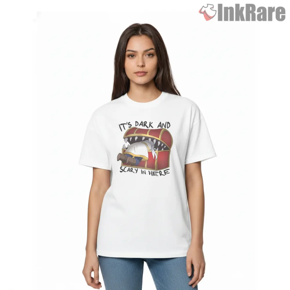 Mimic Chest Funny Dark Humor Fantasy Anime Shirt on white short sleeve shirt for women graphic tee