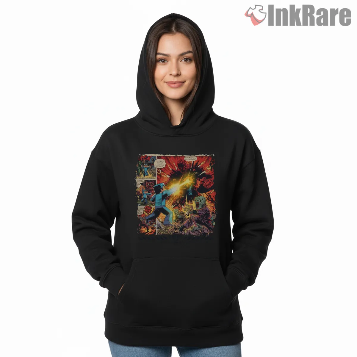 Minecraft Battle Comic Explosion Action Scene Shirt on black hoodie for women graphic tee
