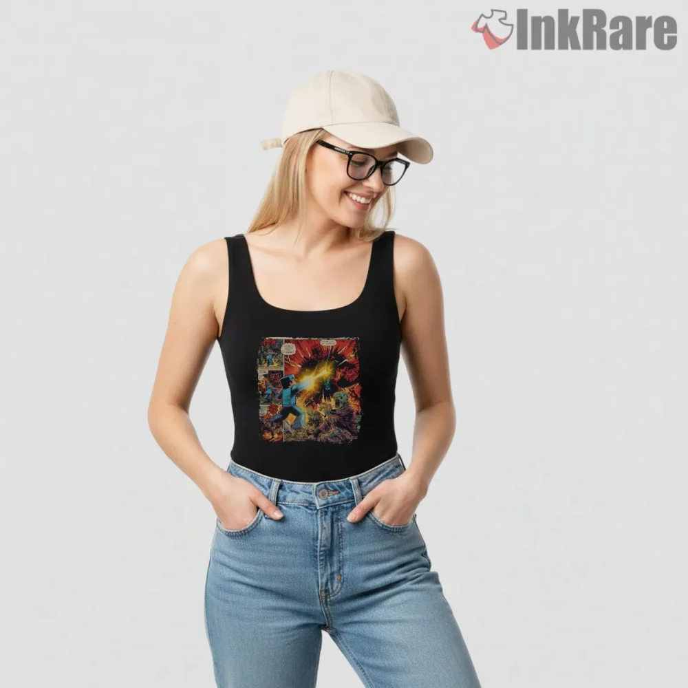 Minecraft Battle Comic Explosion Action Scene Shirt on black tank top for women graphic tee