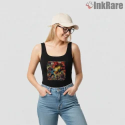 Minecraft Battle Comic Explosion Action Scene Shirt on black tank top for women graphic tee