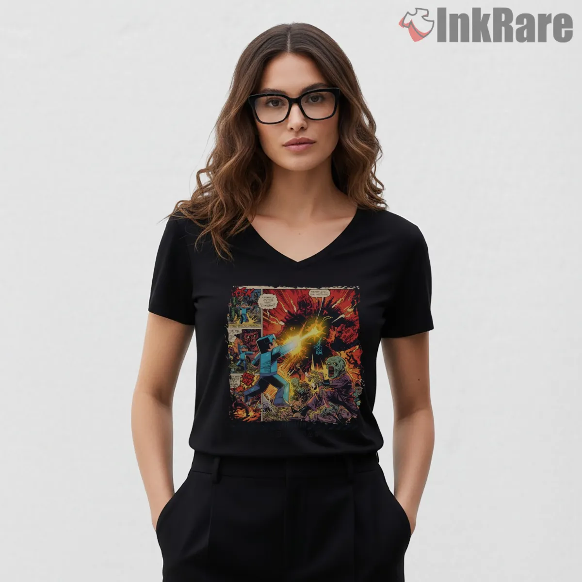 Minecraft Battle Comic Explosion Action Scene V Neck Black Minecraft Battle Comic Explosion Action Scene Shirt on black v-neck shirt for women graphic tee