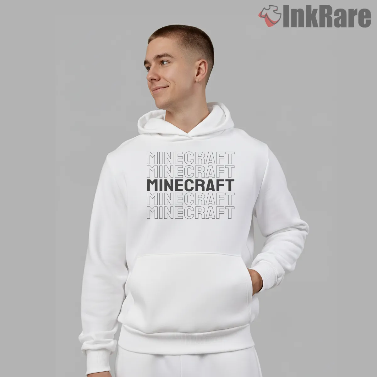 Minecraft Bold Repeating Logo Minimal Shirt on white hoodie for men graphic tee