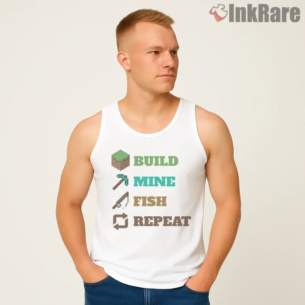 Minecraft Build Mine Fish Repeat Pixel Life Shirt on white tank top for men graphic tee