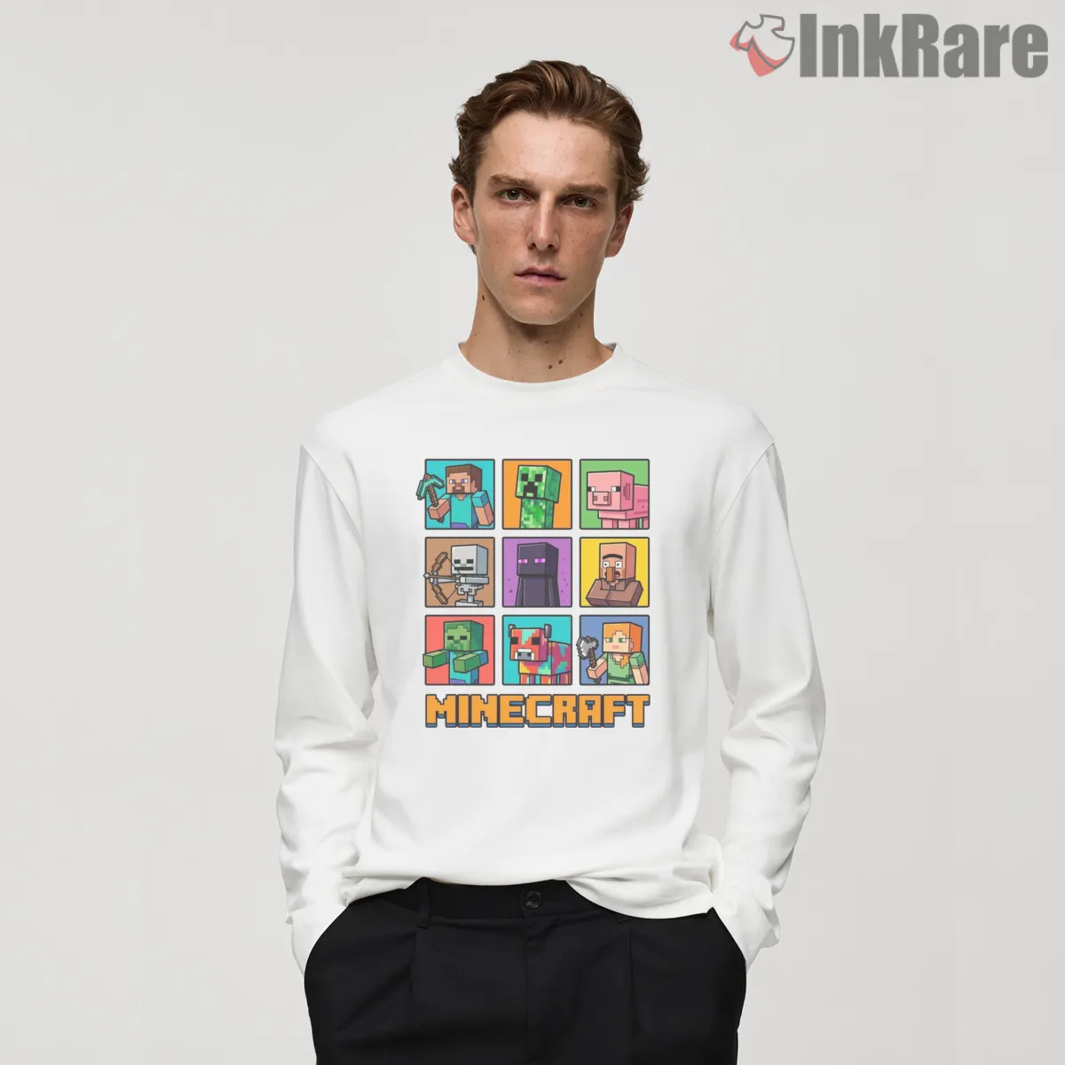 Minecraft Character Spawn Grid Pixel Collection Shirt on white long sleeve shirt for men graphic tee