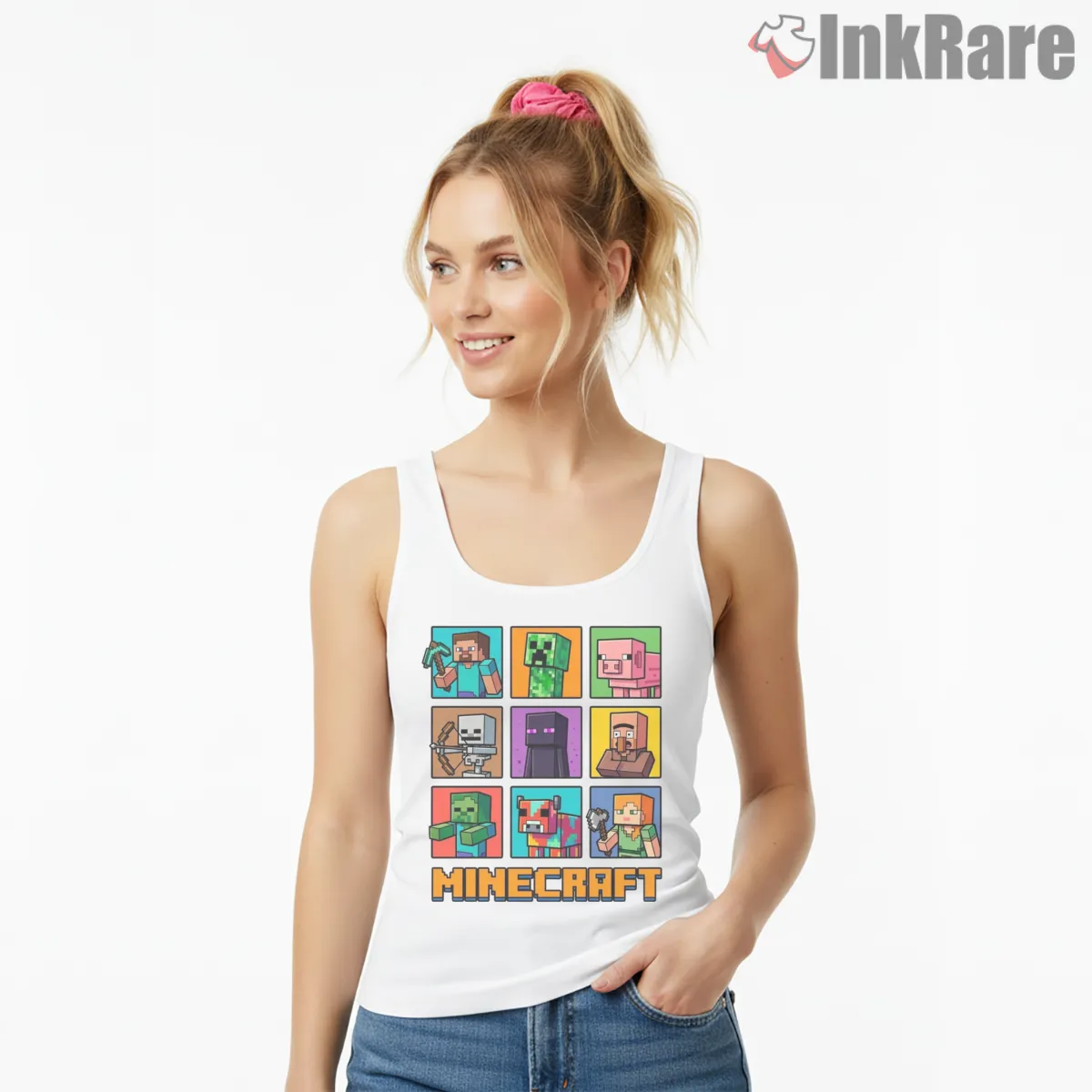 Minecraft Character Spawn Grid Pixel Collection Tank Top White Minecraft Character Spawn Grid Pixel Collection Shirt on white tank top for women graphic tee