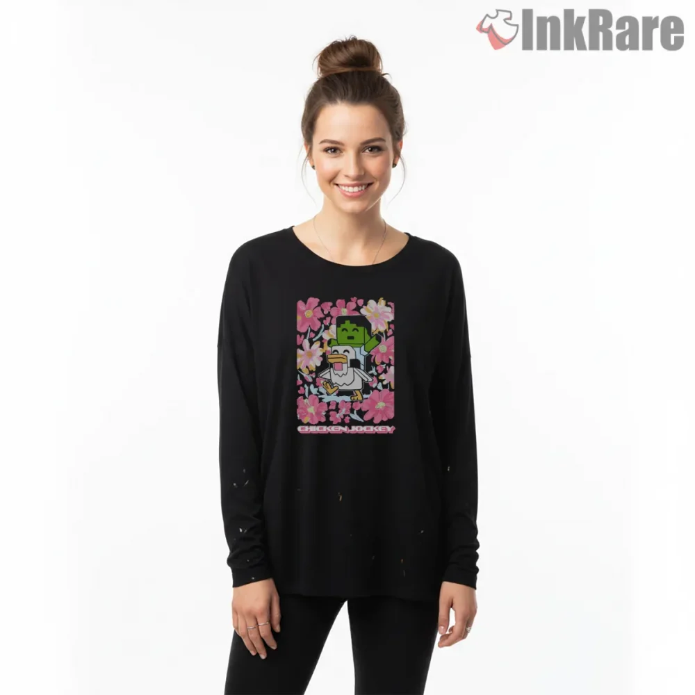 Minecraft Chicken Jockey Floral Boho Style Shirt on black long sleeve shirt for women graphic tee