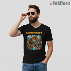 Minecraft City Build Sunset Pixel Landscape Shirt on black v-neck shirt for men graphic tee